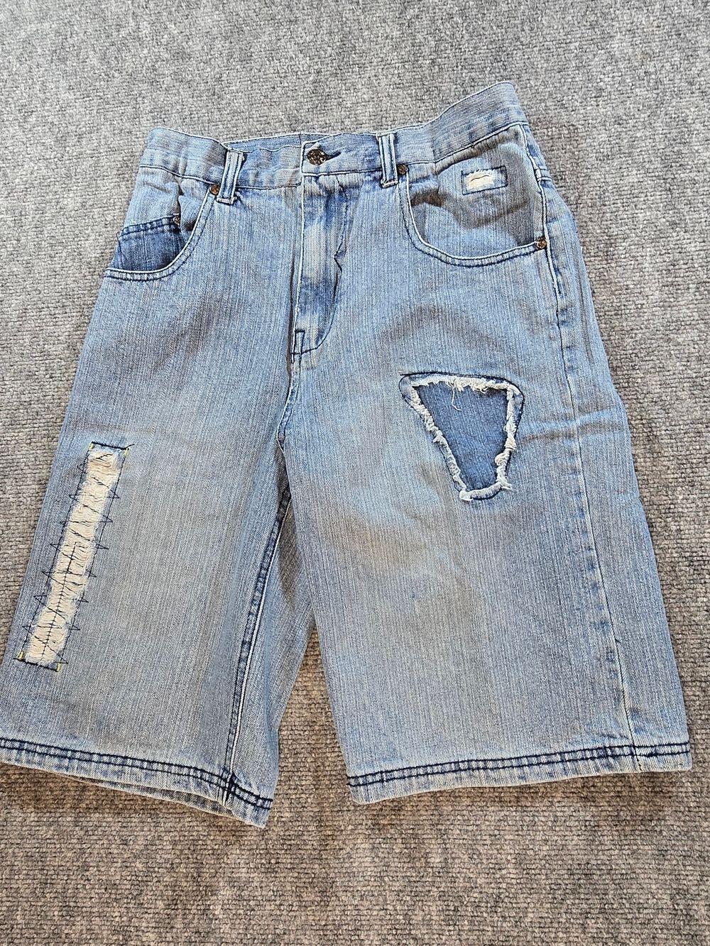 Vintage Y2K Baggy Jorts Womens XS Distressed Patchwork Long Denim Shorts